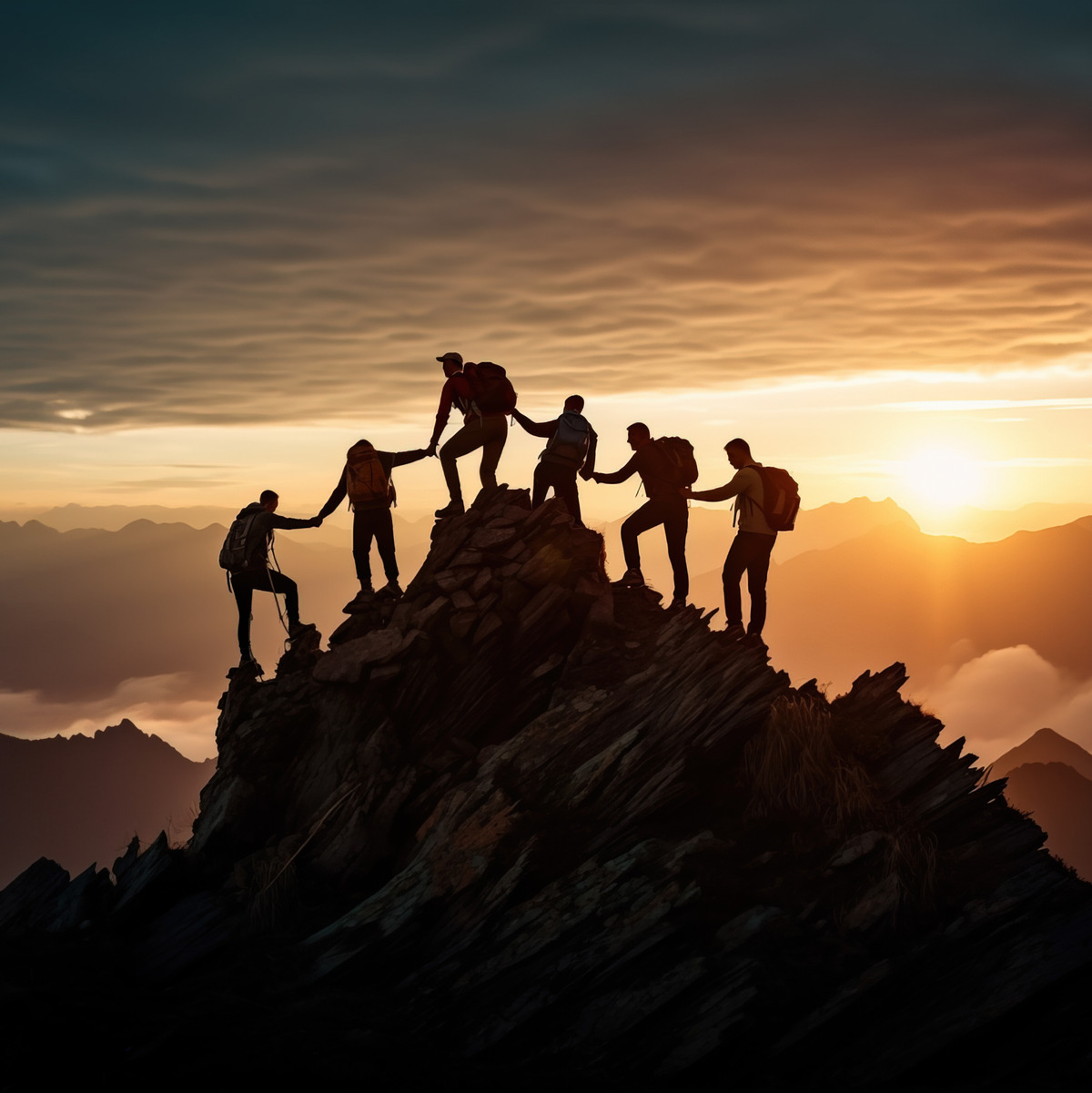 people chain on mountain top 